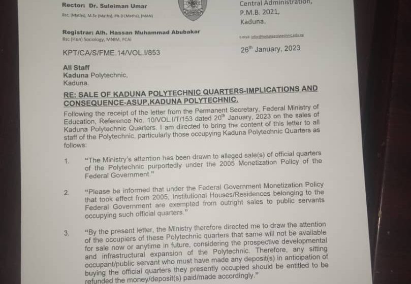 Most of over N20bn sales of Kaduna Polytechnic properties not remitted to Govt account – ASUP revealed