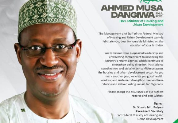 PHOTONEWS : Occassion of the 63rd Birthday Celebration of Hon Minister, FMHUD, Arc Ahmed Musa Dangiwa, FNIA, FCIB with the management staff of the Ministry led by the Permanent Secretary, Dr Shuaib Belgore, Tuesday, January 10th, 2026 in his Office @ Mabushi, Abuja, FCT